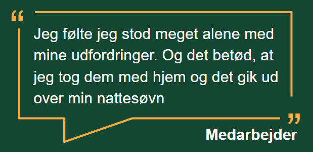 Medarbejdercitat: "Jeg følte jeg stod meget alene med mine udfordringer. Og det betød, at jeg tog dem med hjem og det gik ud over min nattesøvn"